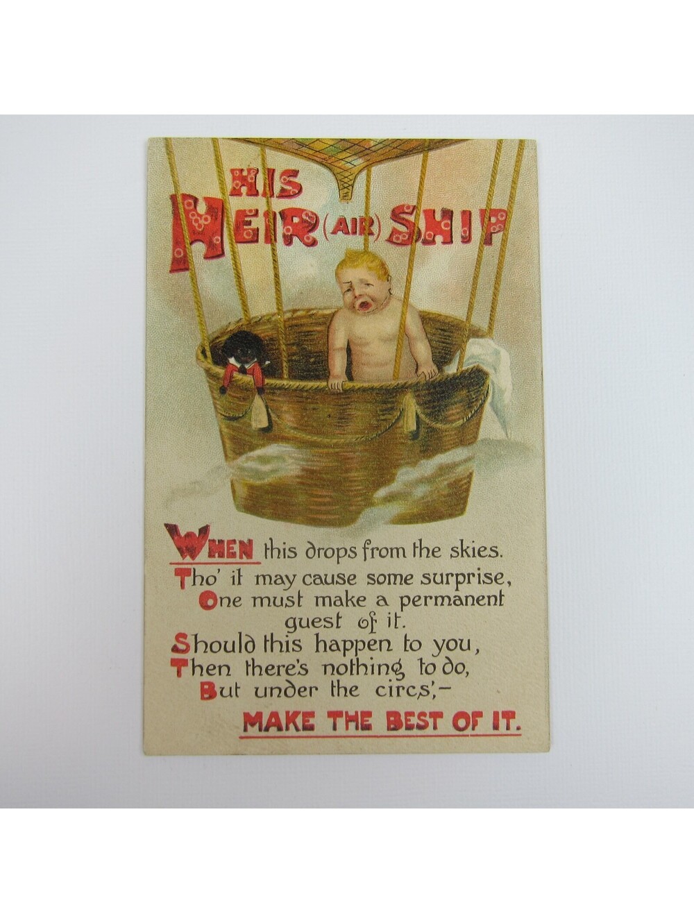 Postcard Comic Birth Announcement Baby Boy in Airship Hot Air Balloon UNPOSTED
